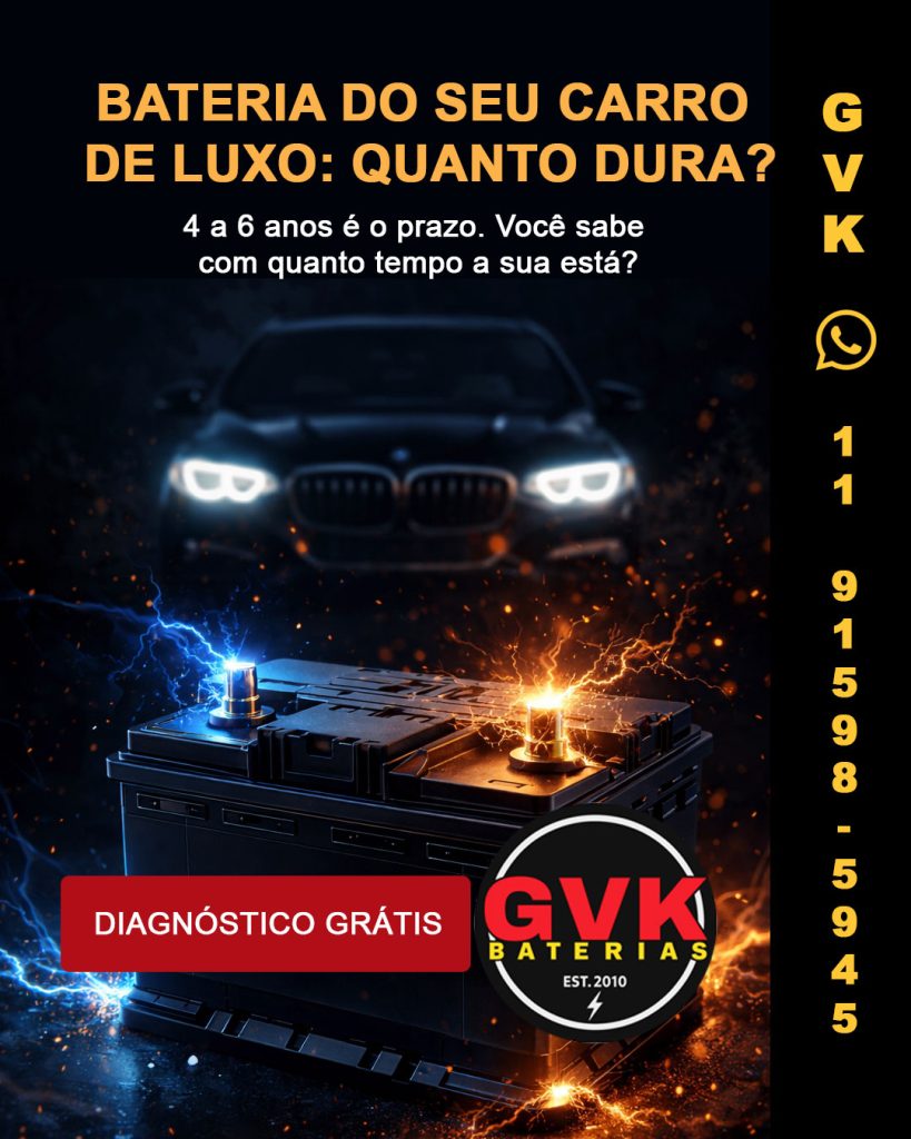 Imagem mostrando carro de luxo ao fundo, com bateria de carro envolvida em raios de energia. Frase central: vida útil bateria AGM.