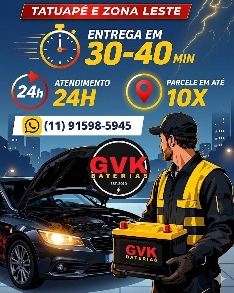 Entrega rápida de bateria automotiva em 30 minutos no Tatuapé e Zona Leste de São Paulo - GVK Baterias.