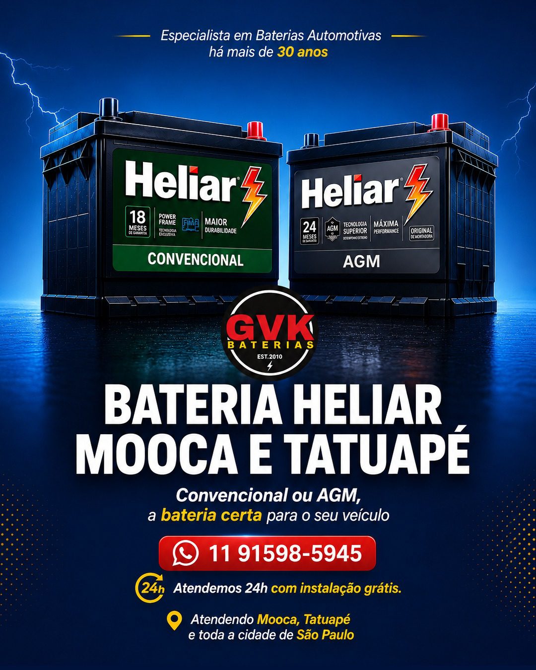 Baterias da Heliar: convencional ou agm. Entrega e instalação grátis na Mooca e Tatuapé.